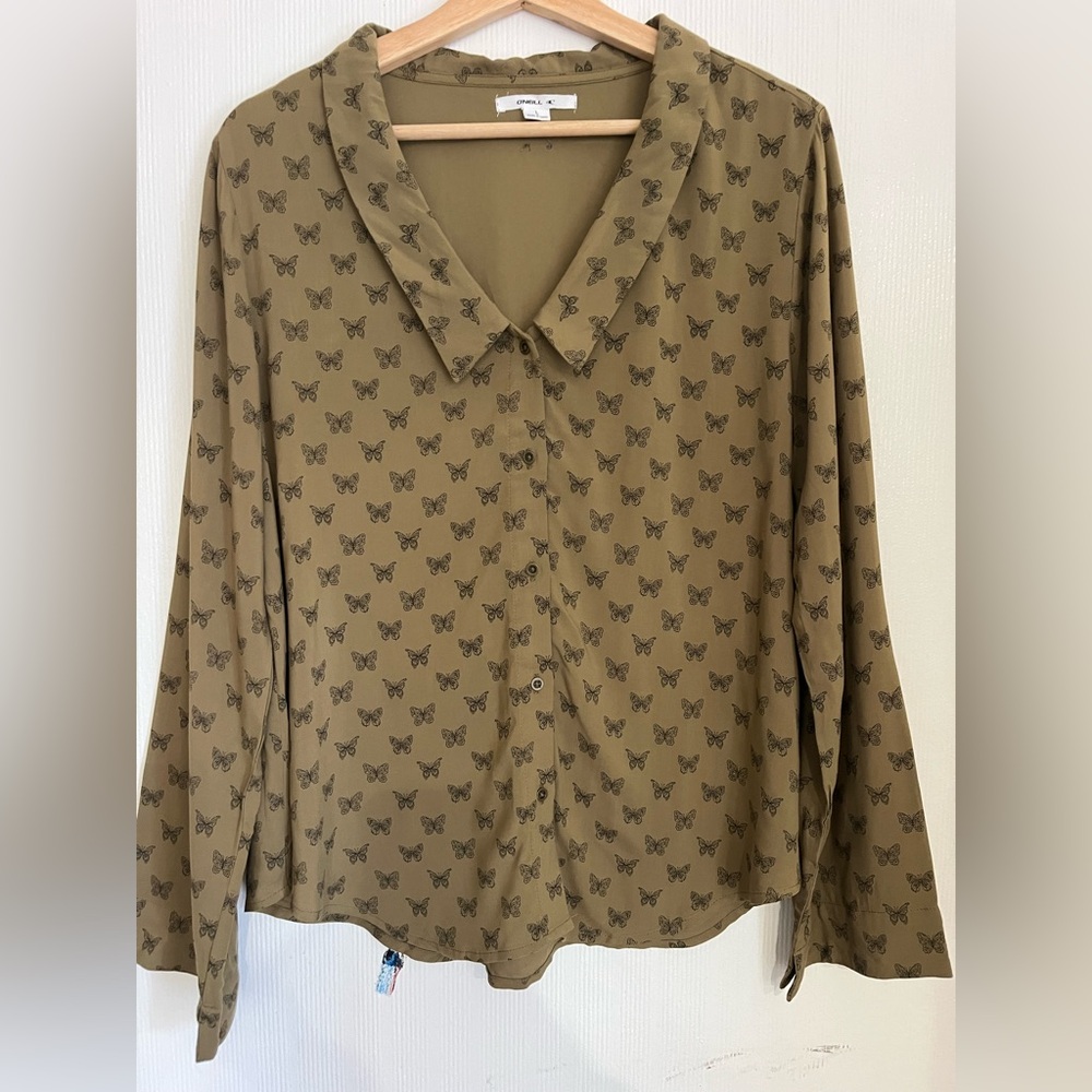 O'Neill Olive Green Butterfly Print Button-Front Blouse